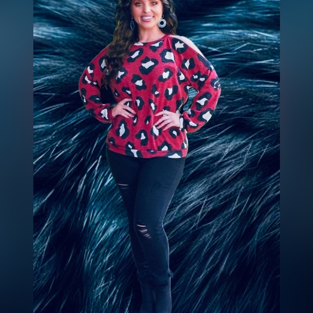 Dark Red Leopard-Print Cold Shouider Sweater